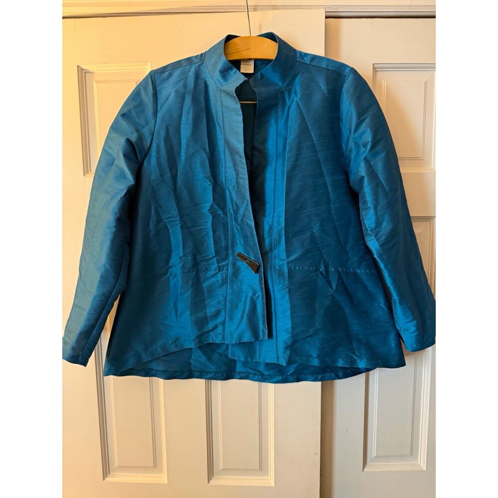 Y&S Moonlight Teal Silk Jacket S Lagenlook Art To Wear Mandarin Collar Boxy Slub